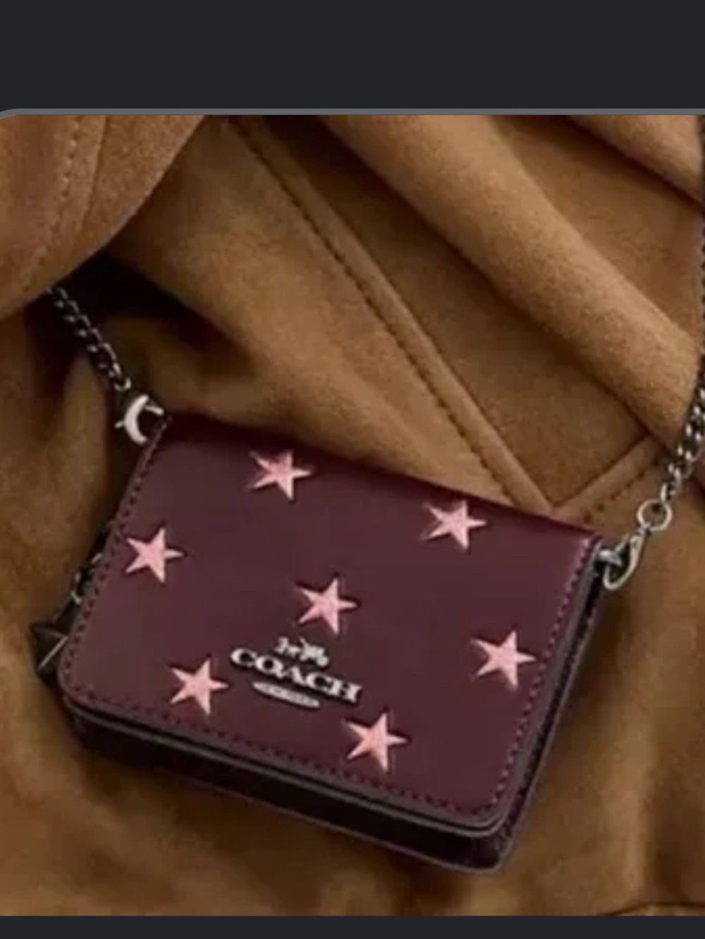 Coach Maroon Leather Card Holder with Rose Metallic Stars and Crossbody Chain